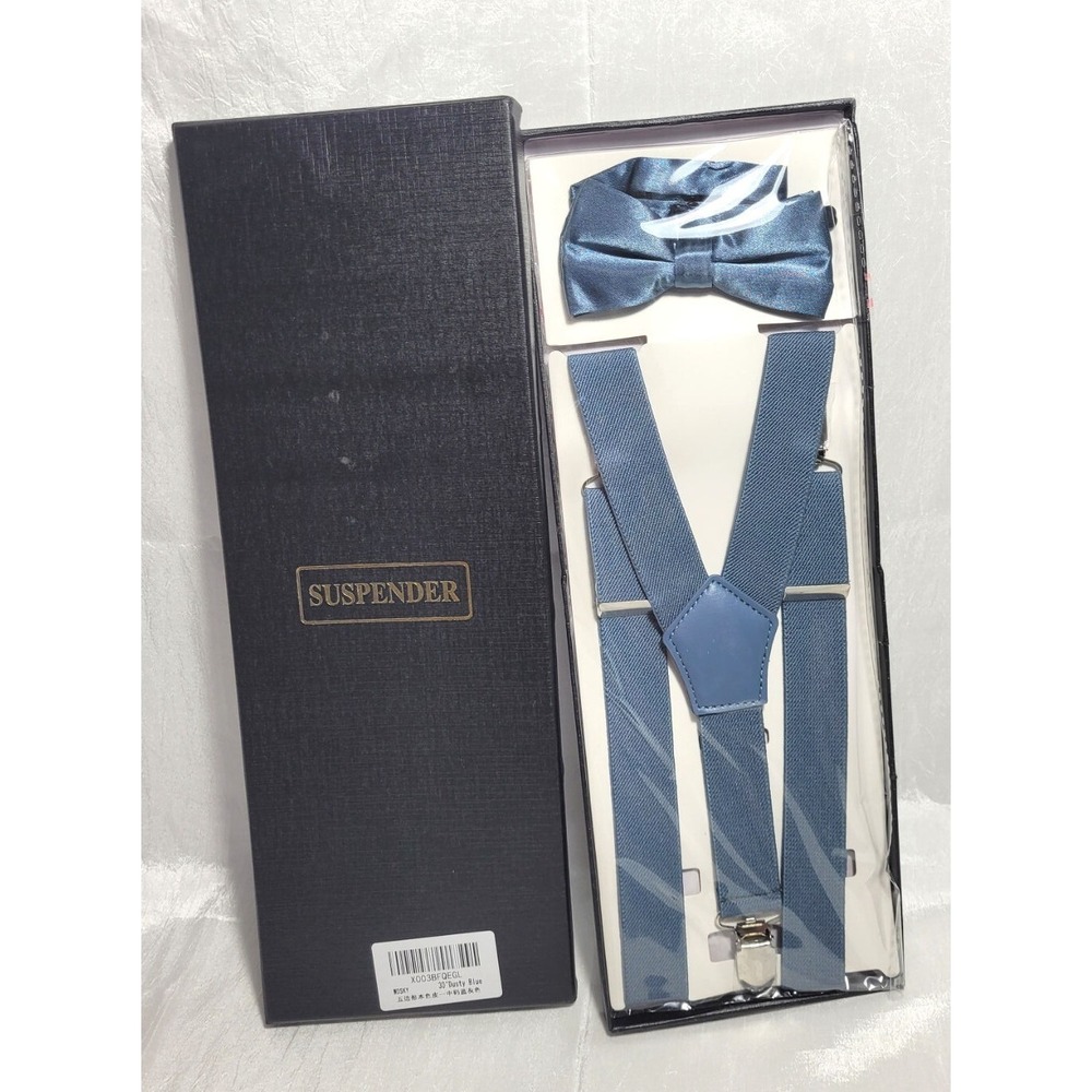 Men's Clip-on Suspenders & Bow Tie - Retro Steampunk Prom Tux - Dusty Blue